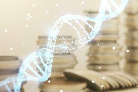 Double exposure of creative DNA hologram on growing stacks of coins background. Bio Engineering and DNA Research conceptの写真素材