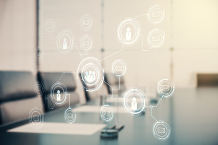 Double exposure of abstract virtual social network icons on a modern meeting room background....