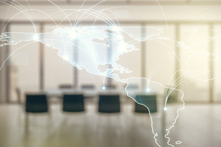 Double exposure of abstract digital world map hologram with connections on a modern boardroom...