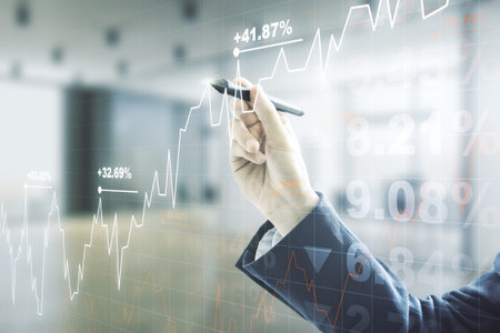 Double exposure of man hand with pen working with virtual creative financial diagram on blurred...