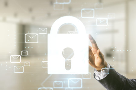 Male hand clicks on abstract virtual lock sketch with email symbols hologram on blurred office...