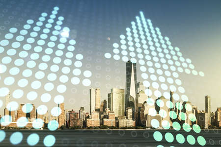 Virtual upward arrows illustration on New York city skyline background. Breakthrough and progress concept. Multiexposureの写真素材