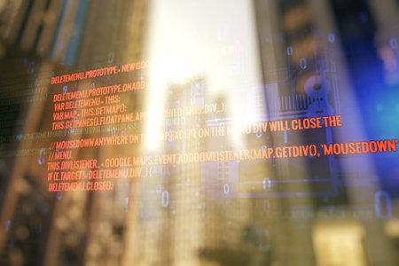 Multi exposure of abstract graphic coding sketch on modern architecture background, big data and...
