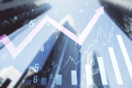 Abstract virtual financial graph hologram and upward arrow on office buildings background, forex and...