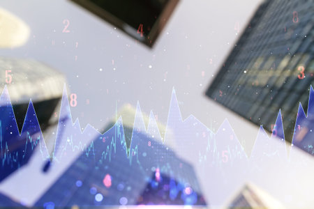 Double exposure of abstract creative statistics data hologram on blurry cityscape background,...