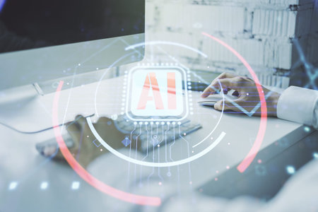 Double exposure of creative artificial Intelligence abbreviation with hand typing on computer...