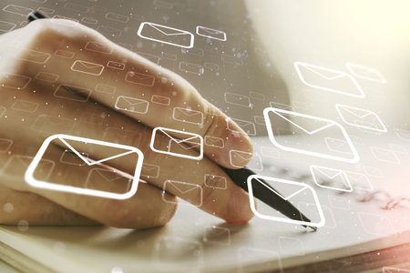 Creative abstract postal envelopes sketch with hand writing in notepad on background, e-mail and...