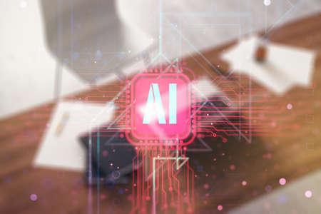 Creative artificial Intelligence symbol concept and modern desktop with pc on background. Double exposureの写真素材