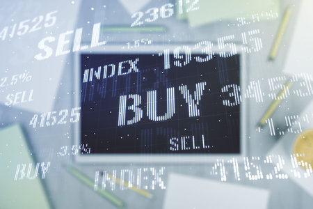 Multi exposure of abstract financial graph and modern digital tablet on desktop on background, top...