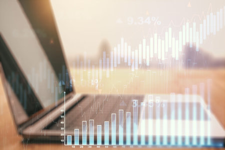 Multi exposure of abstract creative financial chart on computer background, research and analytics...