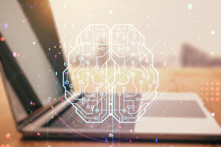 Double exposure of creative artificial Intelligence symbol with modern laptop on background. Neural...