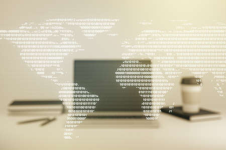 Multi exposure of abstract creative digital world map on laptop background, research and analytics conceptの写真素材