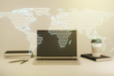 Abstract creative world map on modern laptop background, international trading concept....