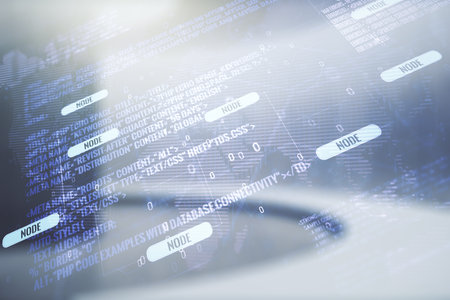 Multi exposure of abstract graphic coding sketch and world map on modern interior background, big data and networking conceptの写真素材