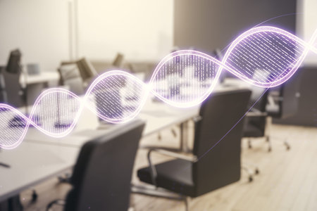 Virtual DNA symbol illustration on a modern furnished office background. Genome research concept....