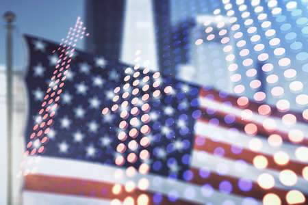 Abstract virtual upward arrows sketch on US flag and skyline background, target and goal concept. Multiexposureの写真素材