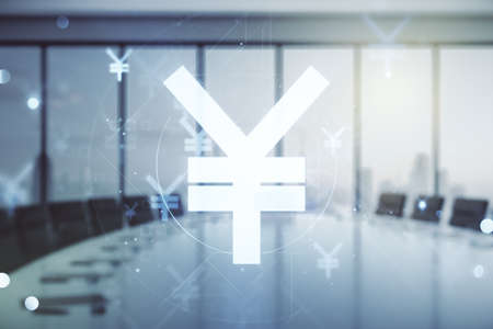 Double exposure of abstract virtual Japanese Yen symbol hologram on a modern meeting room background. Banking and investing conceptの写真素材