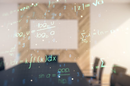 Scientific formula hologram on a modern boardroom background, research concept. Multiexposure