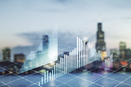 Abstract virtual financial graph hologram on blurry skyscrapers background, financial and trading...