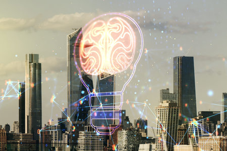 Abstract virtual light bulb illustration with human brain on New York cityscape background, future...