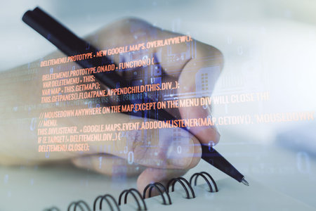 Double exposure of abstract programming language with man hand writing in notebook on background,...