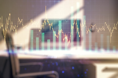Multi exposure of abstract financial diagram and modern desk with computer on background, banking...
