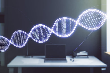 Creative DNA sketch and modern desk with computer on background, biotechnology and genetic concept....