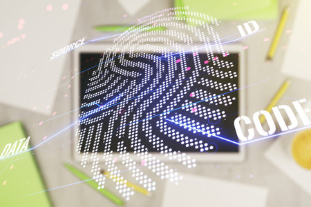 Multi exposure of abstract creative fingerprint illustration and modern digital tablet on...