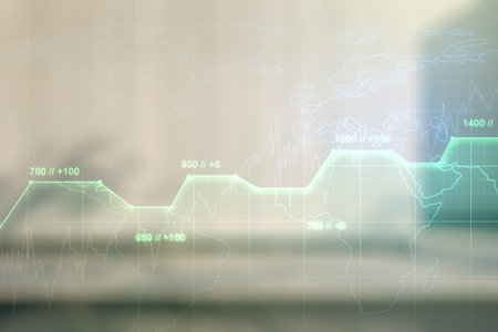 Abstract virtual analytics data spreadsheet on blurry contemporary office building background,...