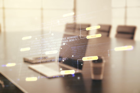 Multi exposure of abstract graphic coding sketch on modern computer background, big data and...