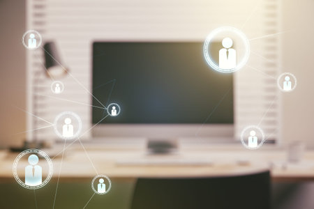 Double exposure of social network icons concept with modern laptop on background. Marketing and...