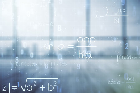 Scientific formula hologram on empty classroom background, research concept. Multiexposure
