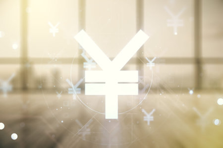 Double exposure of abstract virtual Japanese Yen symbol hologram on empty modern office background. Banking and investing conceptの写真素材