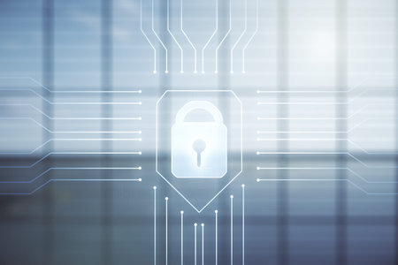 Virtual creative lock symbol and microcircuit illustration on empty corporate office background....