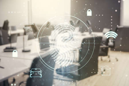 Abstract virtual fingerprint hologram on a modern furnished office background. Multiexposureの写真素材