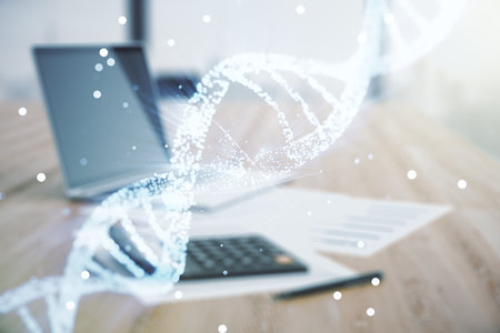 Virtual DNA symbol illustration on calculator and laptop background. Genome research concept. Multiexposureの写真素材