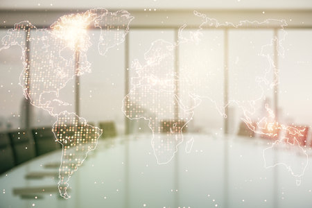 Abstract creative world map interface on a modern conference room background, international trading concept. Multiexposureの写真素材