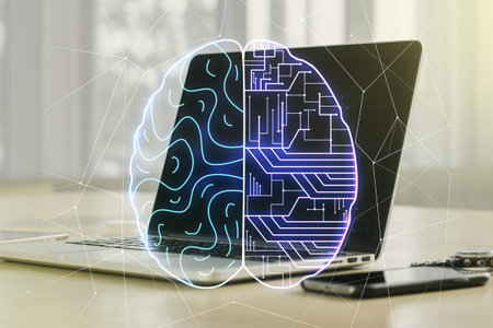 Creative artificial Intelligence concept with human brain sketch on modern computer background....