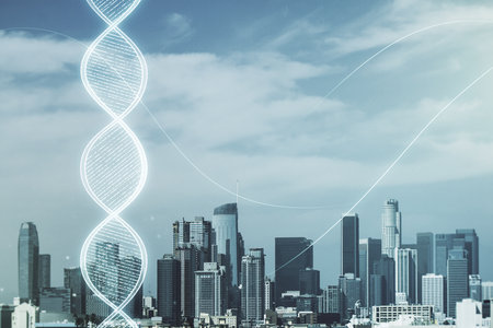 Double exposure of creative DNA hologram on Los Angeles city skyscrapers background. Bio Engineering and DNA Research conceptの写真素材