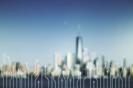 Abstract virtual micro chip hologram on blurry skyscrapers background, artificial intelligence and machine learning concept. Multi exposureの写真素材