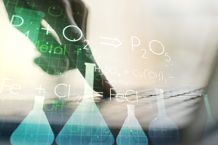 Creative chemistry illustration with hands typing on computer keyboard on background, science and...