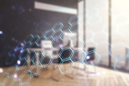 Creative concept of wireless technology with hexagon hologram and modern desktop with computer on background. Big data and database concept. Multiexposureの写真素材