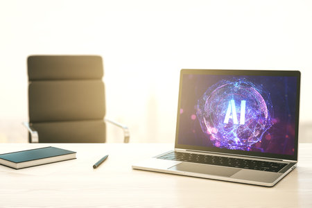 Creative artificial Intelligence symbol concept on modern computer monitor. 3D Renderingの写真素材