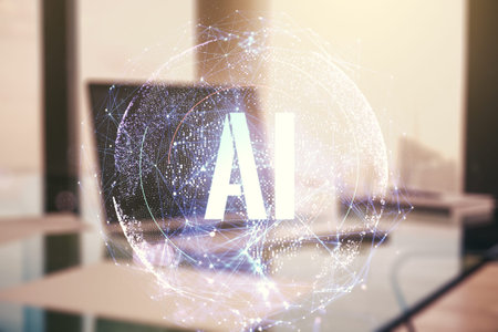 Creative artificial Intelligence symbol concept with modern computer on background. Double exposure