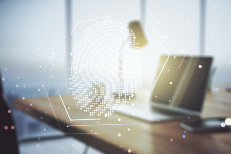 Multi exposure of abstract creative fingerprint illustration on modern laptop background, digital...