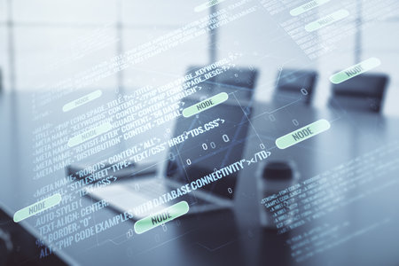 Multi exposure of abstract software development hologram on laptop background, research and analytics conceptの写真素材