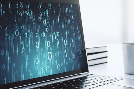 Creative concept of binary code illustration on modern laptop screen. Big data and coding concept. 3D Renderingの写真素材