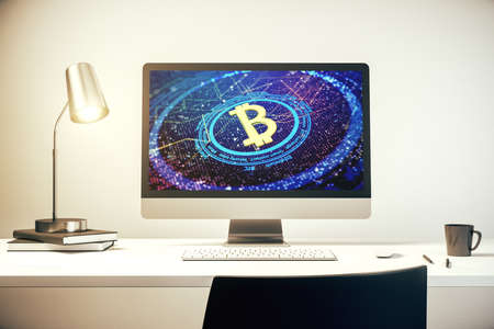 Creative Bitcoin concept on modern computer monitor. 3D Renderingの写真素材