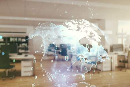 Abstract virtual coding concept and world map hologram on a modern furnished office background. Multiexposureの写真素材