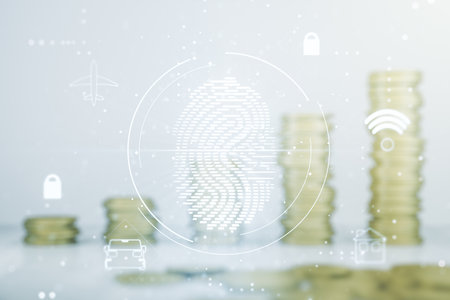Multi exposure of virtual creative fingerprint hologram on growing stacks of coins background, personal bio-metric data conceptの写真素材